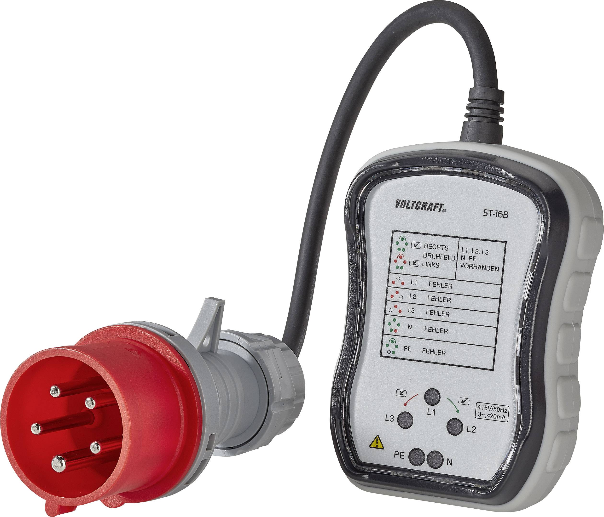 'ST-16B spanningscontroleur met kabel en rode stekker. Toont correcte aansluiting en foutstatus via LED-indicatoren.'