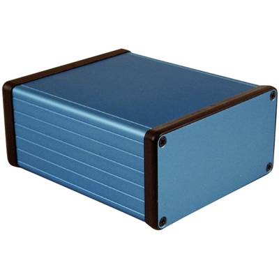 Een rechthoekige, blauwe, metalen behuizing met zwarte randen en schroeven aan de zijkanten, vermoedelijk voor elektronische apparaten.