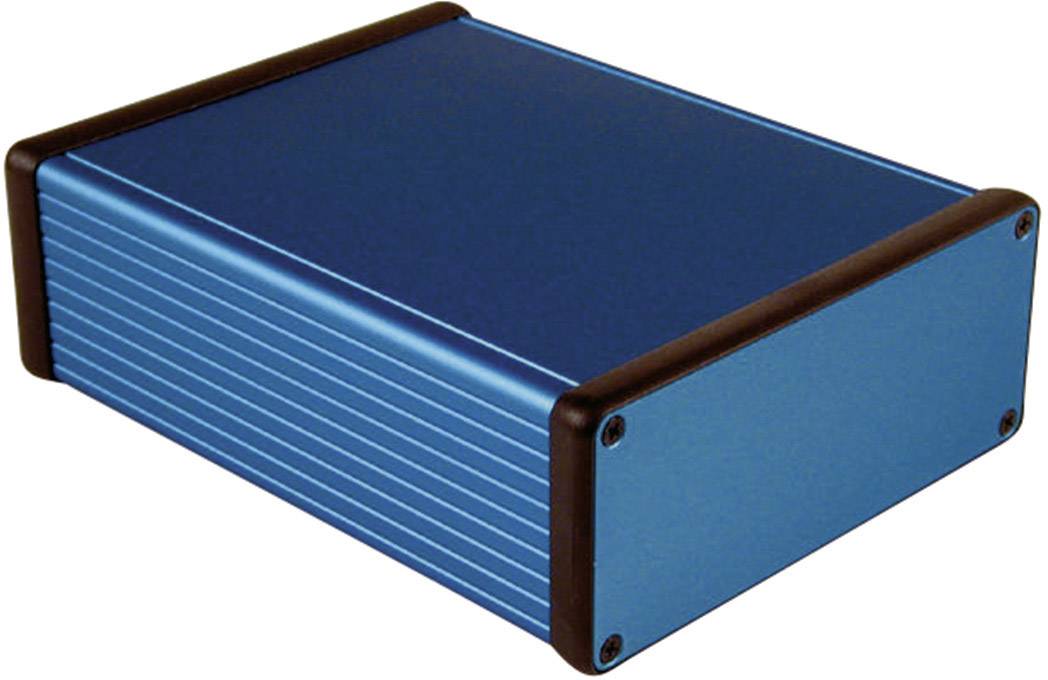 Een rechthoekige, blauwe aluminium behuizing met zwarte hoeken, geschikt voor elektronische toepassingen of DIY-projecten.