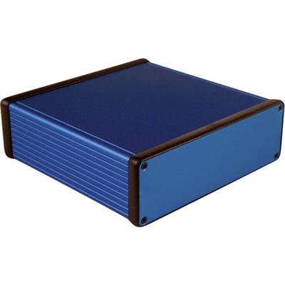 Een blauw, rechthoekig metalen behuizing met zwarte hoeken en randen. Het is gesloten en wordt gebruikt voor elektronische apparaten.