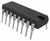 Een zwarte IC-chip met 14 metalen pinnen is afgebeeld; wordt vaak gebruikt in elektronische apparaten.