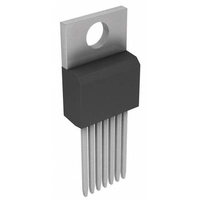 Een zwarte, rechthoekige transistor met een zilveren koellichaam en vijf lange, dunne metalen poten die naar beneden wijzen.