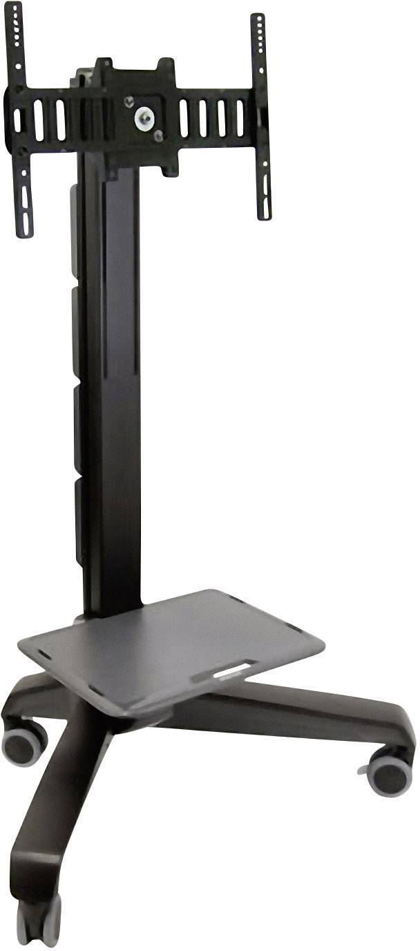 Een zwarte tv-standaard op wielen met verstelbare houder en opbergoppervlak. Geschikt voor flexibele plaatsing van een televisie.