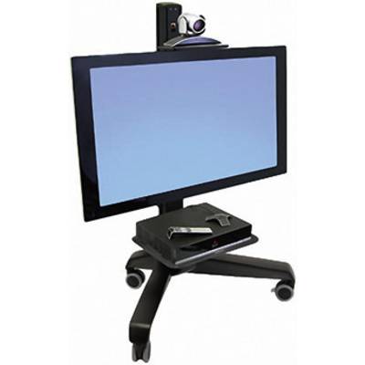 Een videoconferentiesysteem bestaande uit een groot scherm op een verrijdbare standaard, een camera bovenaan en een afstandsbediening.