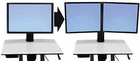 Een monitor links en twee beeldschermen rechts, gescheiden door een pijl, symboliseren de overgang naar een dual-monitor-configuratie.