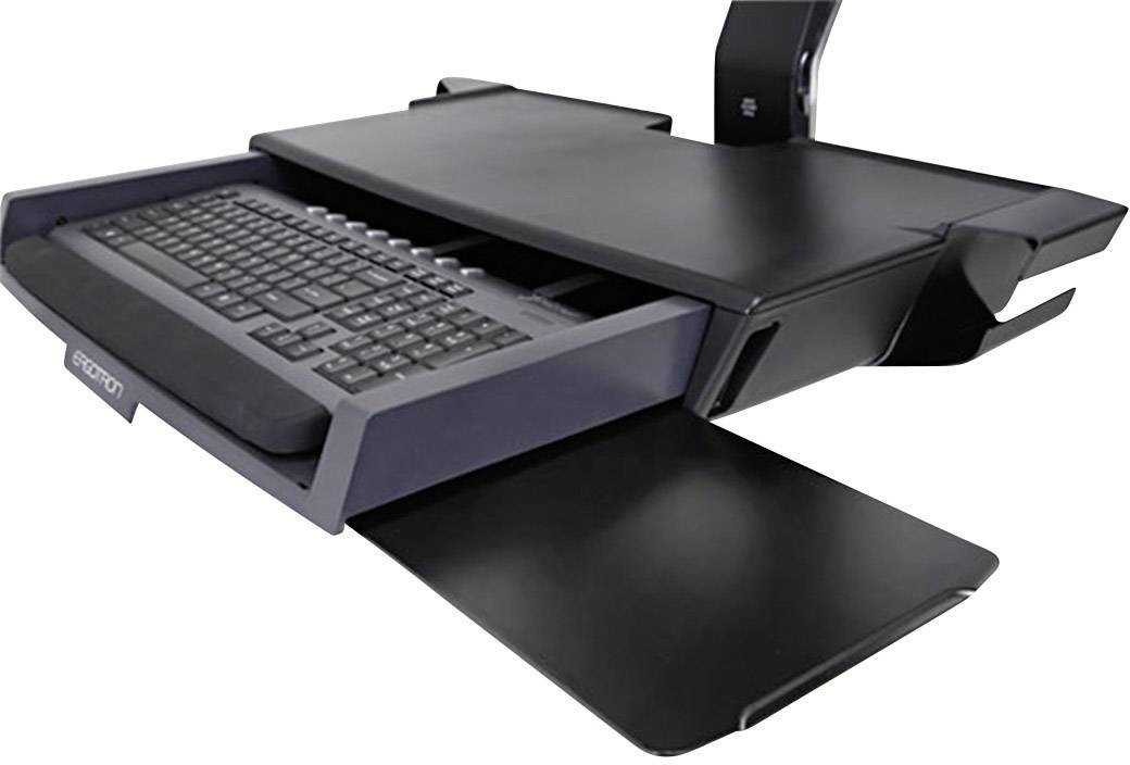 Zwarte computertafel met uittrekbare toetsenbordlade. Ideaal voor kleine kantoren om ruimte te besparen en een ergonomische werkplek te creëren.
