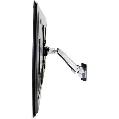 Platte televisie zijdelings gemonteerd op een draaibare wandsteun, toont draaibare armen en wandbevestiging.