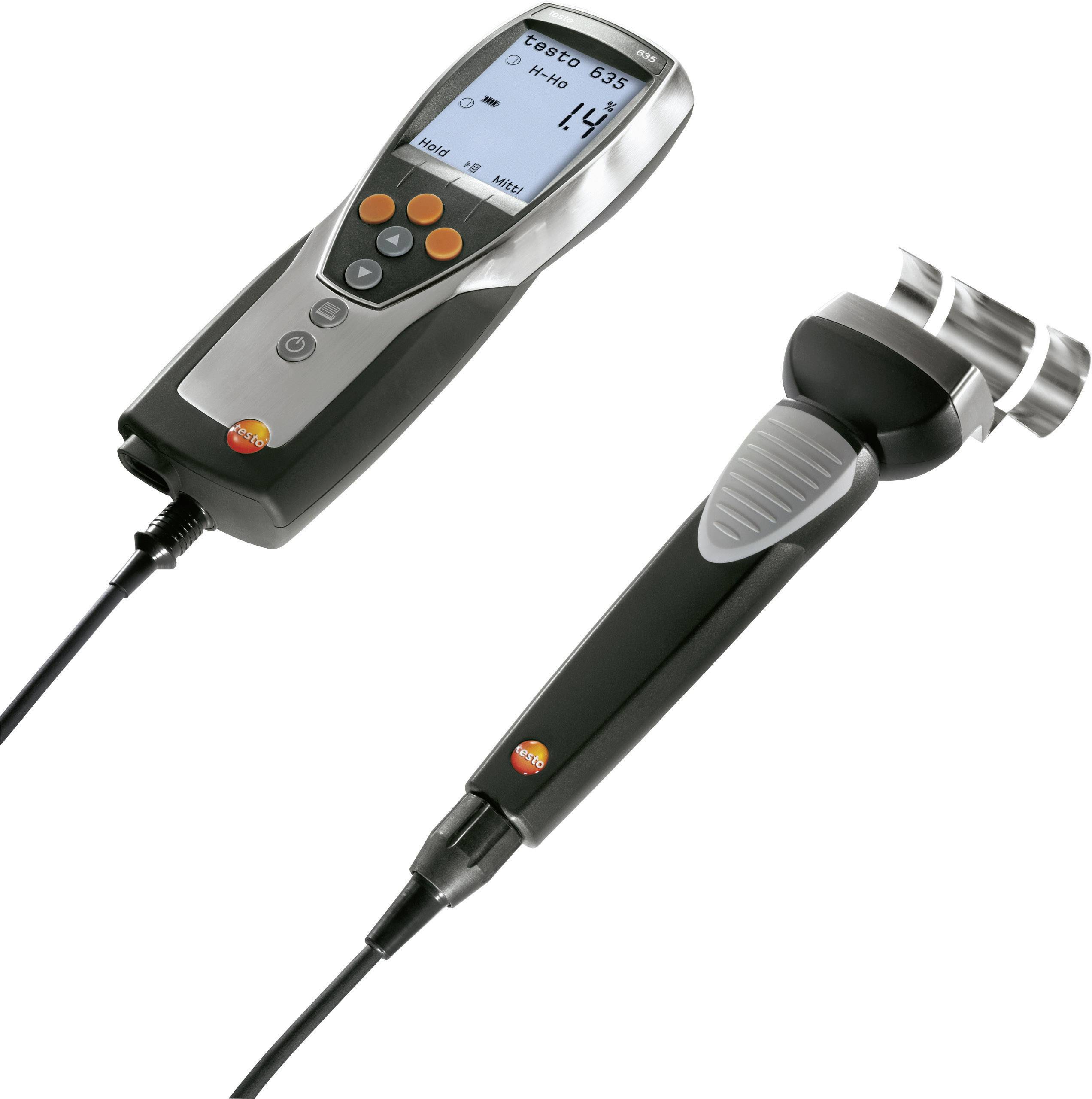Een draagbaar digitaal meetinstrument met een scherm en toetsen, verbonden met een sensor via een kabel. Gebruikt voor de analyse van uitlaatgassen.