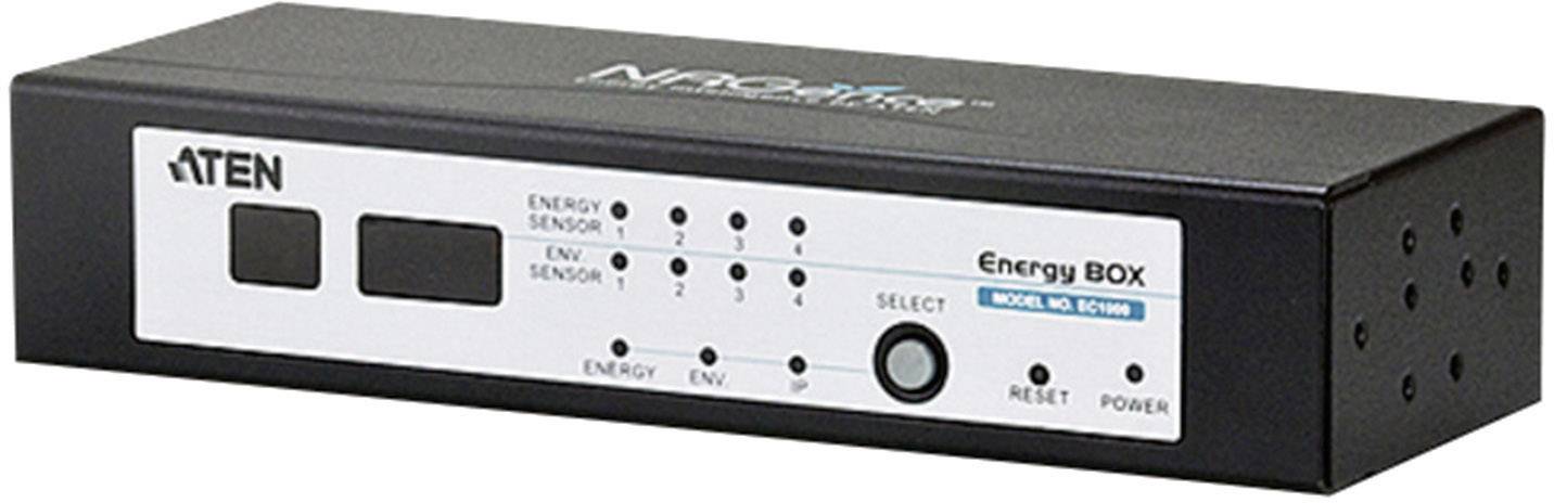 Zwart elektronisch apparaat met de opdruk 'ATEN Energy Box'. Toont controlelampjes en knoppen voor energie- en omgevingsbewaking.