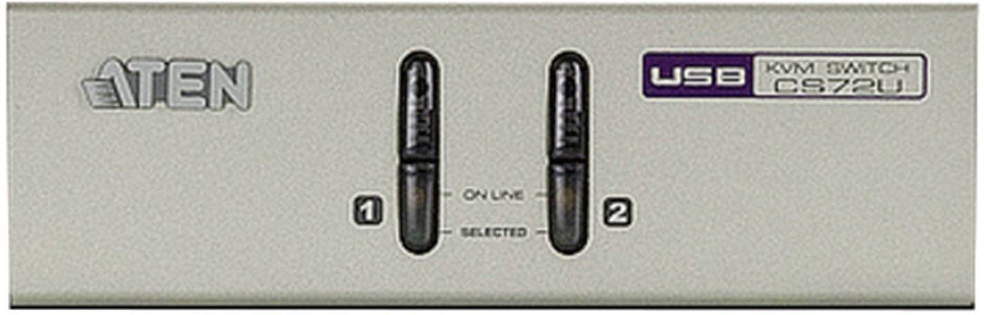 Vooraanzicht van een USB-KVM-switch met twee schakelaars, gemarkeerd met '1' en '2'. Aanduidingen voor 'ON LINE' en 'SELECTED' aanwezig.