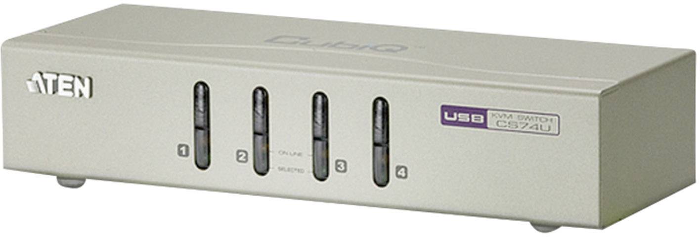 Een USB-KVM-switch van Aten met vier poorten voor het beheren van meerdere computers met één toetsenbord-muis-monitor-set.