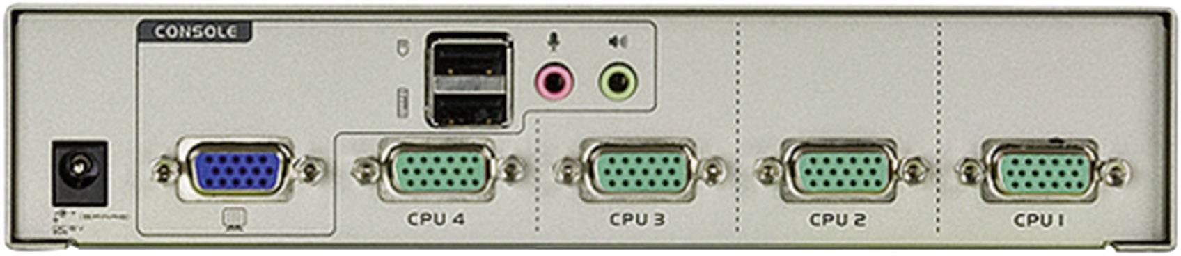 Achterkant van een KVM-switch met drie VGA- en USB-poorten voor maximaal vier computers, evenals audio-aansluitingen en een stroomvoorziening.