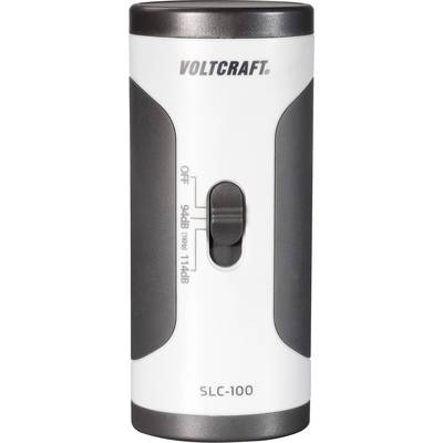 Apparaat van Voltcraft, model SLC-100, met schakelaar om te kiezen tussen '9dB geluid' en '114dB'.