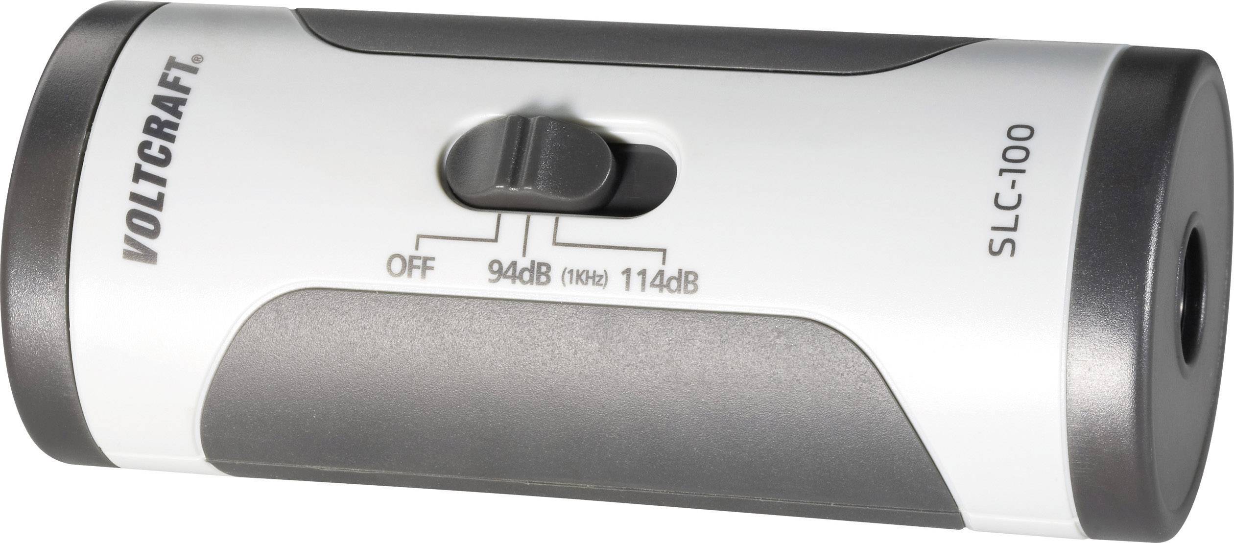 Geluidskalibrator van VOLTCRAFT met schakeltoets voor 94 dB en 114 dB (1 kHz) instellingen, model SLC-100.