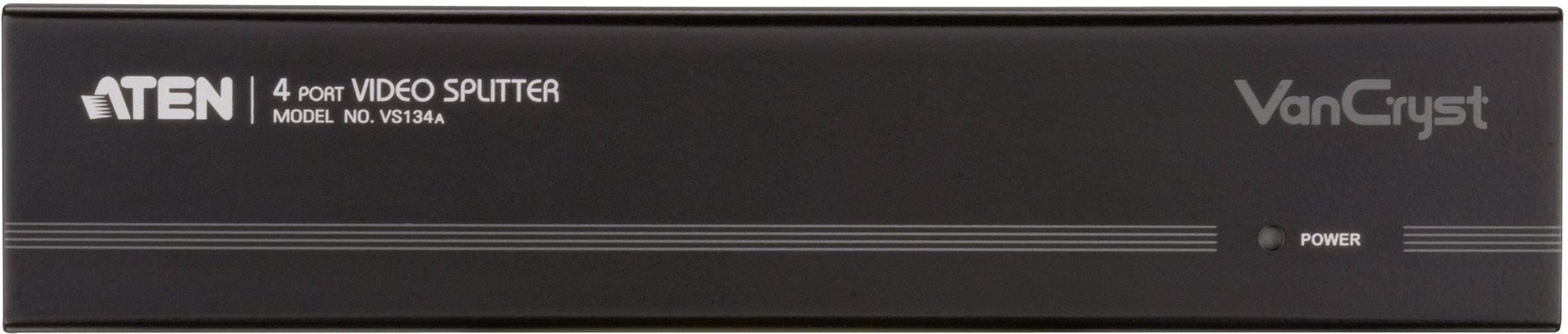 Een 4-poorts videosplitter van ATEN, model VS174A, met een aan/uit-knop aan de rechterkant.