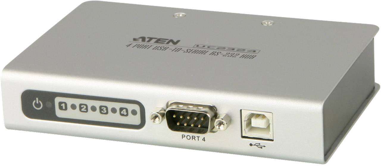 Grijs-zilverige USB-naar-serieel 4-poorts adapter met COM-aansluiting en USB-poort, geschikt voor het aansluiten van meerdere seriële apparaten.