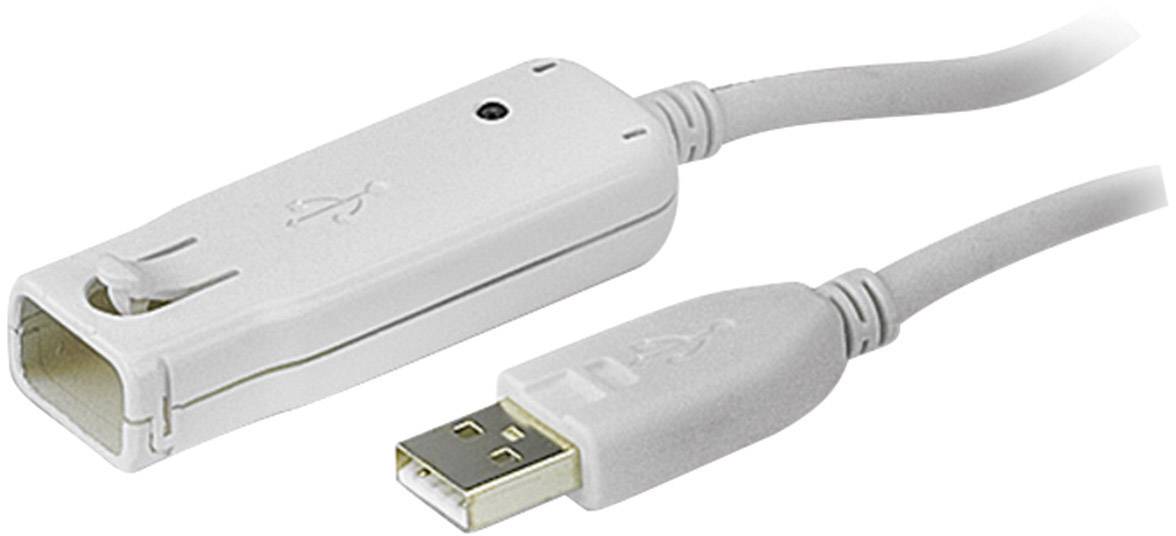Een grijs USB-verlengkabel met mannelijke en vrouwelijke aansluitingen, dat wordt gebruikt om USB-apparaten met elkaar te verbinden.