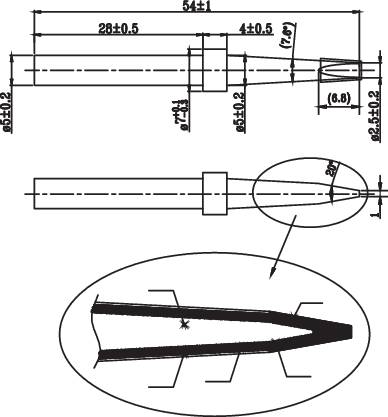 Technische tekening van een werkstuk met maten en aanduidingen. Toont zij- en bovenaanzicht van een cilindrisch onderdeel met details.