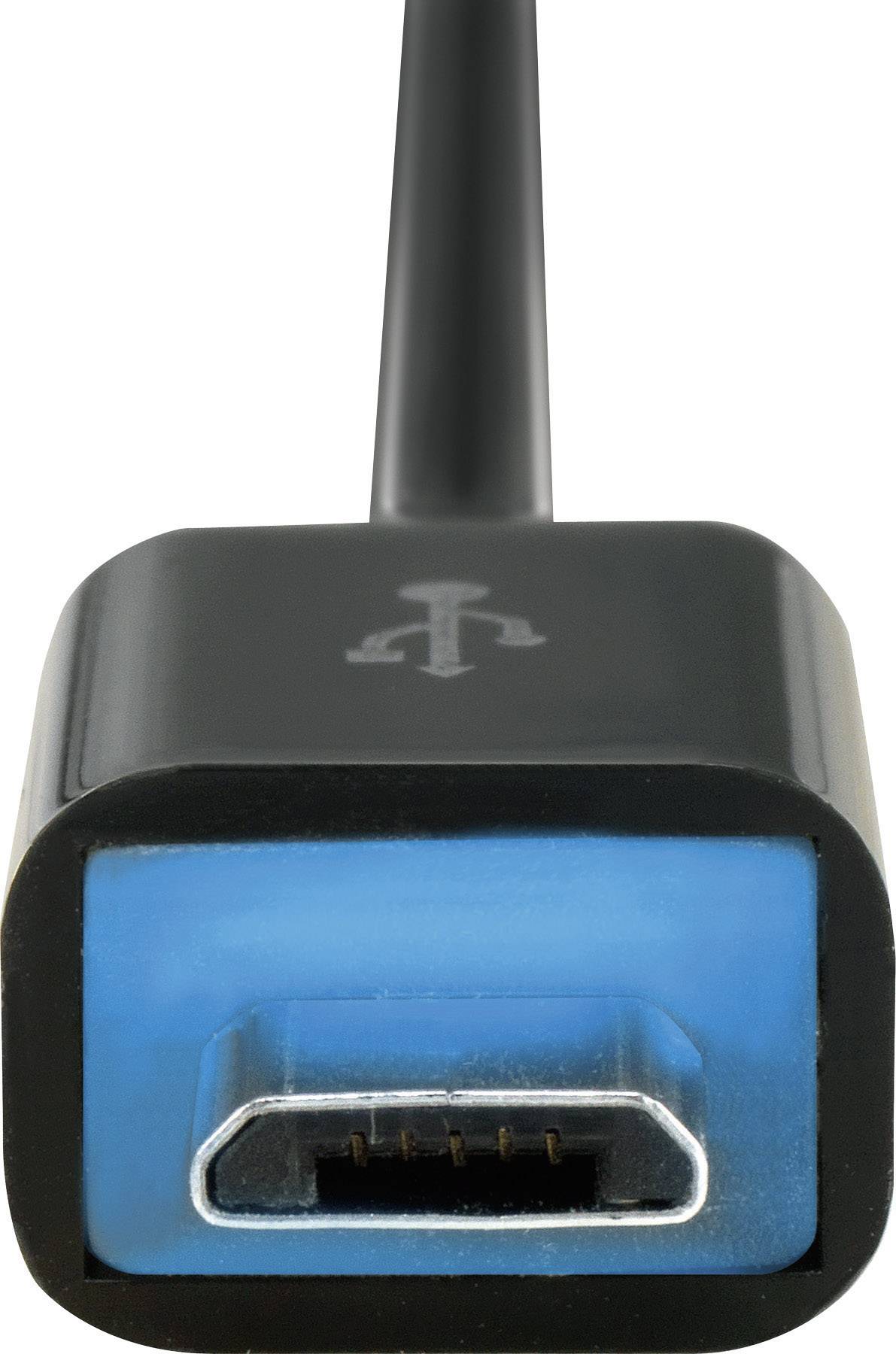 Zwarte USB-kabel met blauw binnendeel, close-up van de micro-USB-stekerkant.