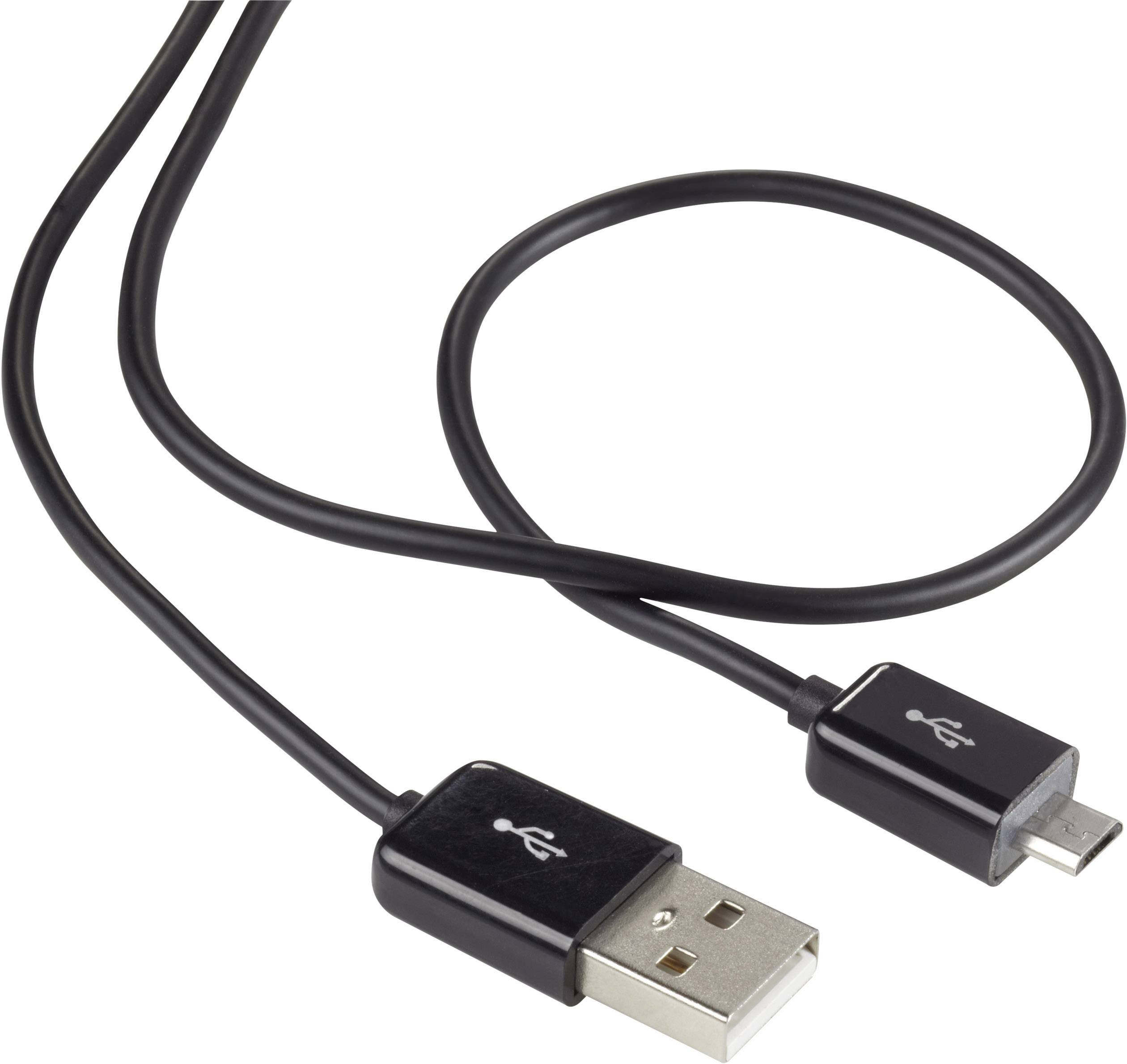 Een USB-kabel toont een USB-A-stekker aan de ene kant en een micro-USB-stekker aan de andere kant.