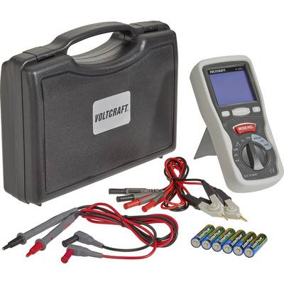 Draagbare multimeter-set met koffer, meetkabels, krokodillenklemmen en batterijen. Apparaat toont elektrotechnische meetwaarden.