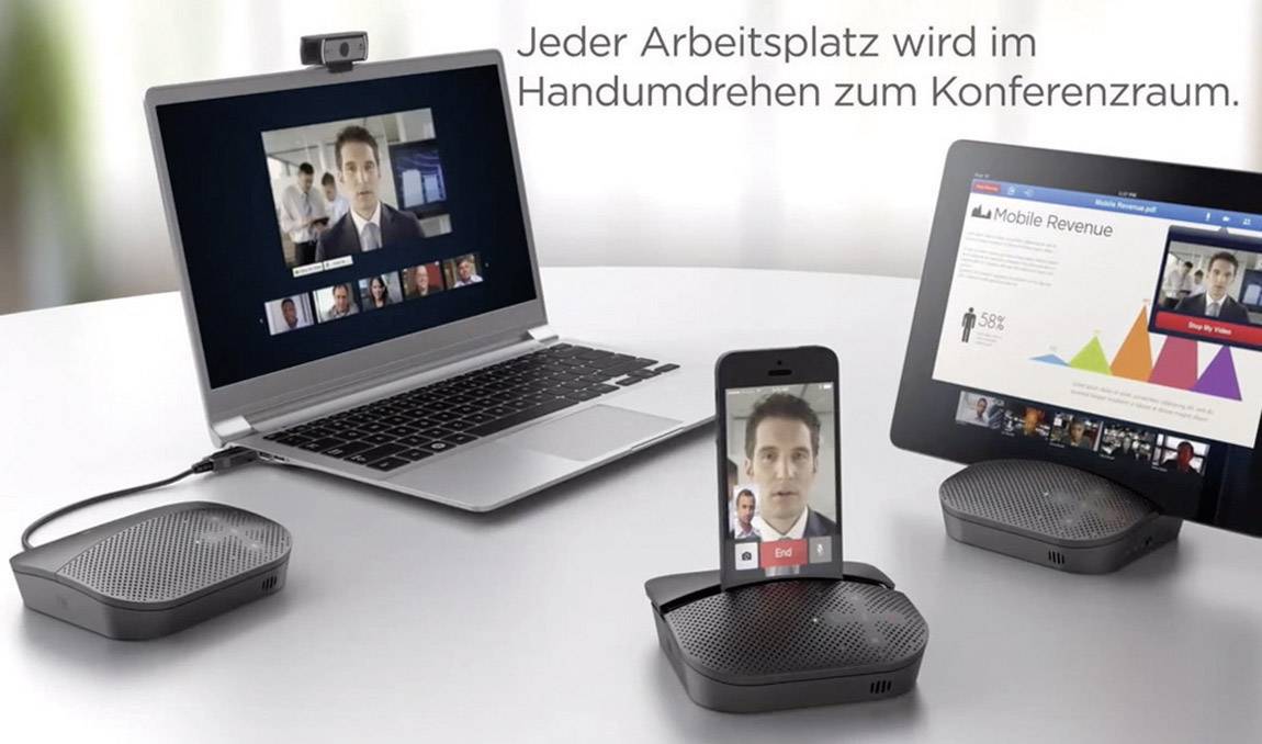 Laptop en smartphone tonen videoconferentie. Tekst: 'Elke werkplek wordt in een handomdraai een vergaderruimte.'