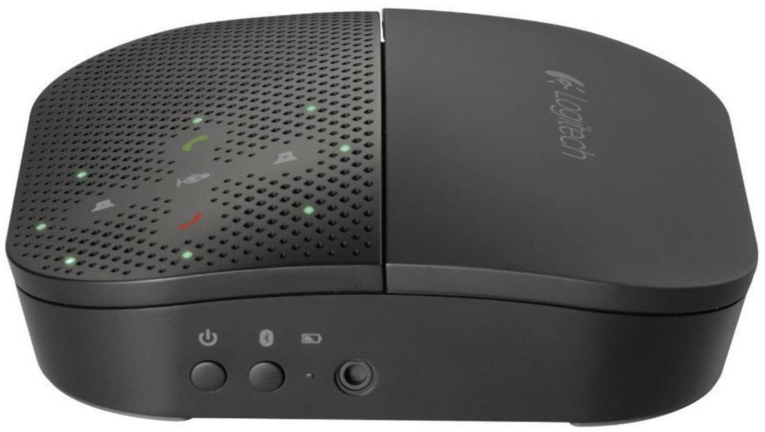 Zwarte, ovale conferentieluidspreker met volume-, oproepbedieningsknoppen en USB-aansluiting, geschikt voor teleconferenties.