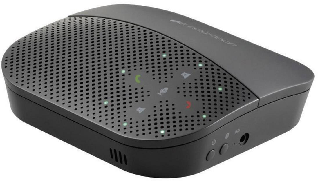 Een zwart, rechthoekig conferentieluidsprekerapparaat met gelabelde toetsen voor het aannemen van oproepen, het ophangen en het regelen van het volume.