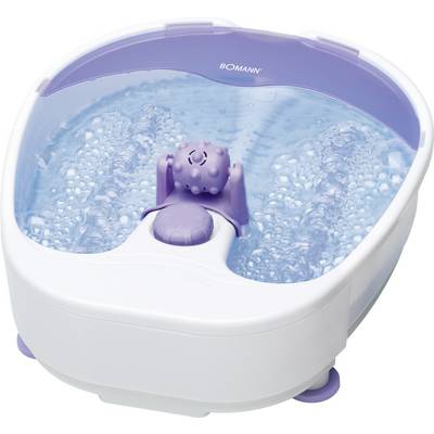 Een elektrisch voetenmassagebad met paarse details vult zich met water. Het biedt een ontspannende massagefunctie voor de voeten.