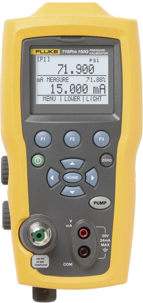 Een draagbare Fluke 719Pro 150G drukkalibrator toont een meetwaarde van 71,900 psi. Bevat menutoetsen en aansluitingen.