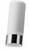 Een witte cilinder met zilveren voet, waarschijnlijk een decoratieve pen of tube, tegen een witte achtergrond.