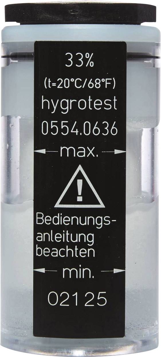 Een Hygrotest-buisje toont 33% vochtigheid bij 20°C. Waarschuwing, raadpleeg de gebruiksaanwijzing voor veilig gebruik.