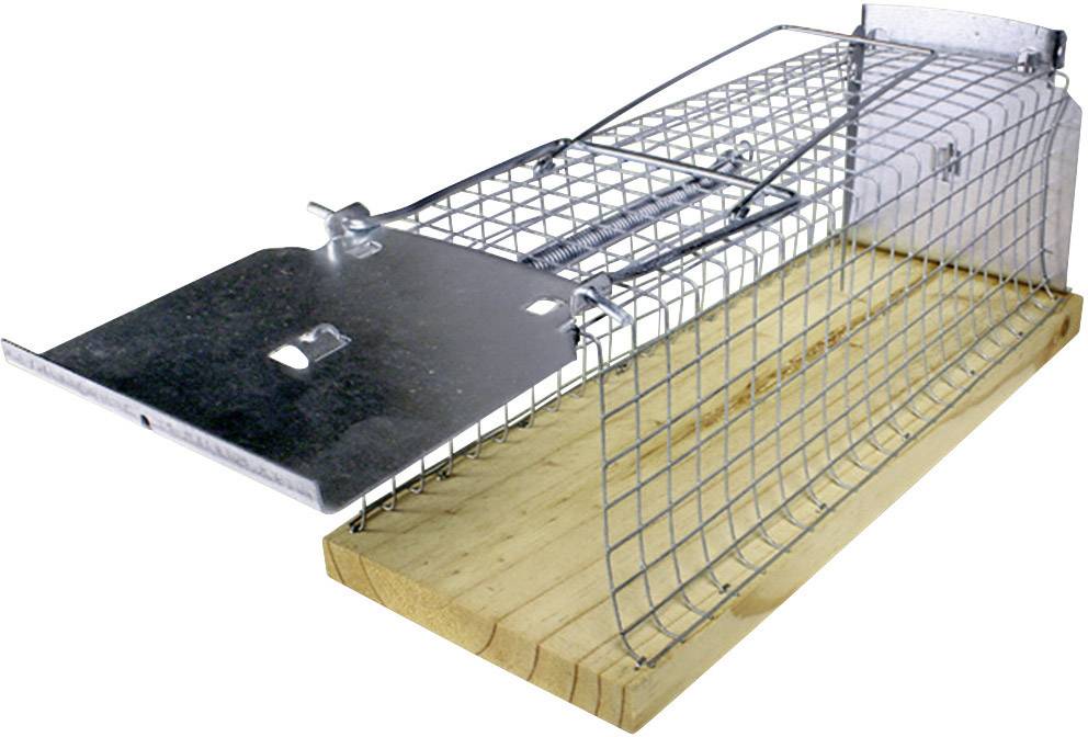 Een metalen muizenval met kooiontwerp en houten bodem, geopend om de binnenkant te tonen. Geschikt voor het humaan vangen van knaagdieren.