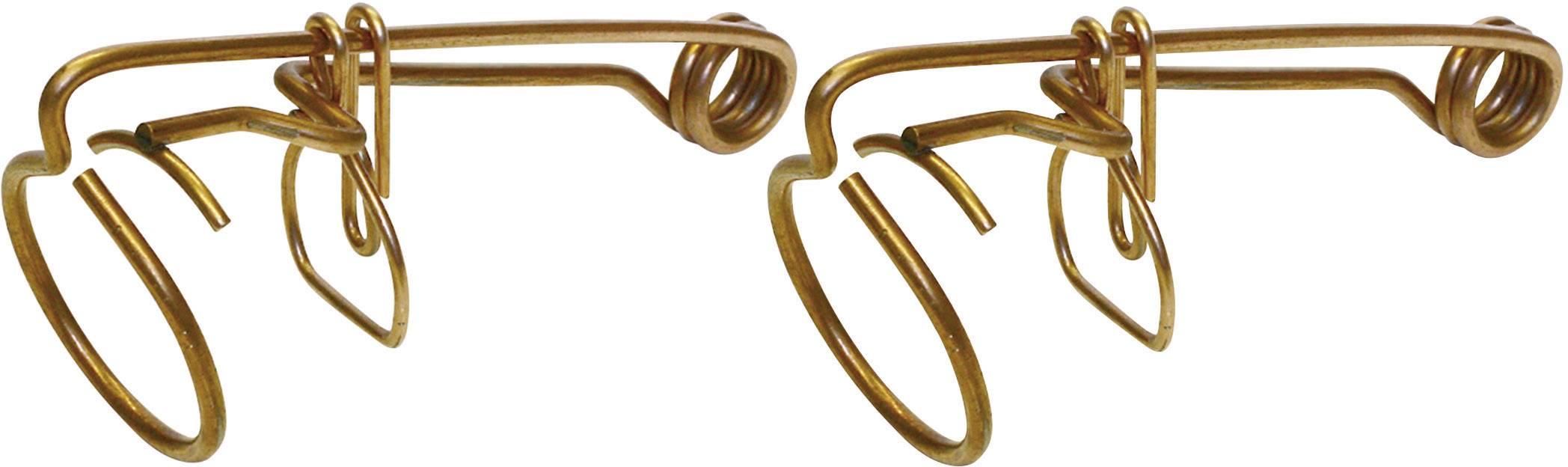 Twee identieke metalen draadconstructies met gebogen, spiraalvormige onderdelen die parallel naast elkaar liggen.