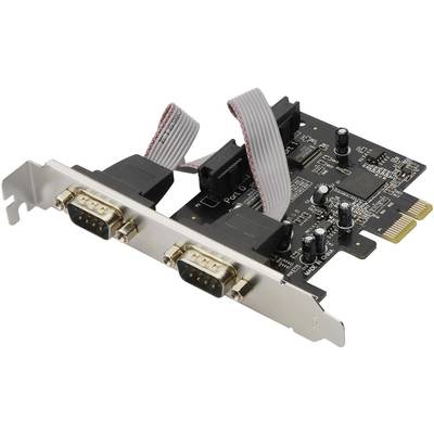 Een PCIe-uitbreidingskaart met twee seriële poorten, verbonden door platte printlint (flat ribbon) kabels, voor uitbreiding van computerpoorten.