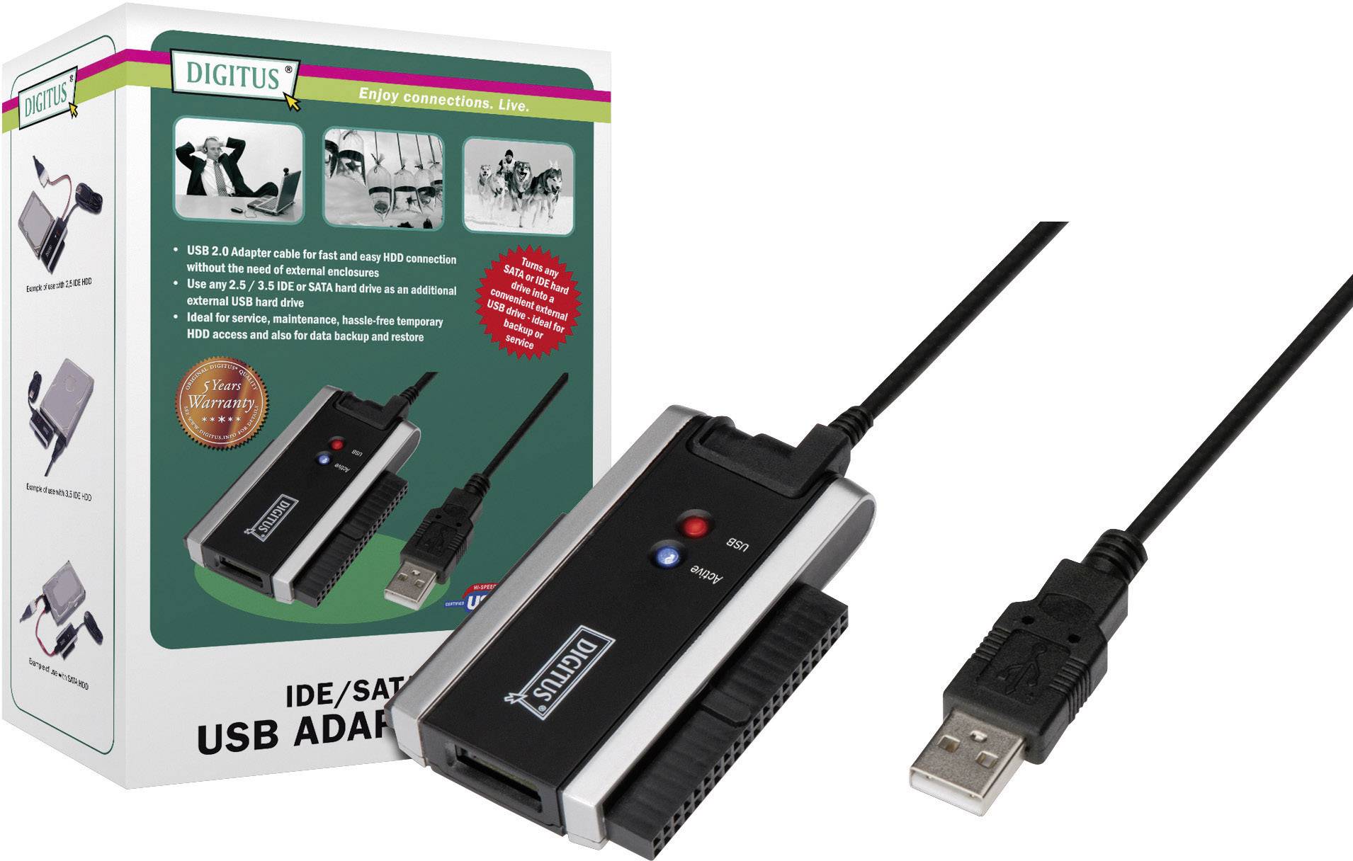 Digitus USB 2.0 Aansluitkabel [1x USB-A 2.0 stekker - 1x SATA-combi-bus 15+7-polig, IDE-bus 40-polig] 0.90 m-1