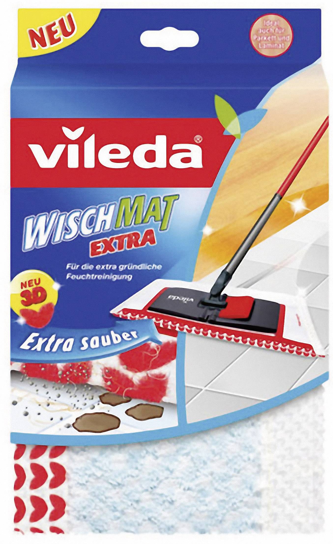 Productverpakking van de 'Vileda Wischmat Extra', toont een vloerwisser met een rode handgreep en een schoon tegelpatroon.