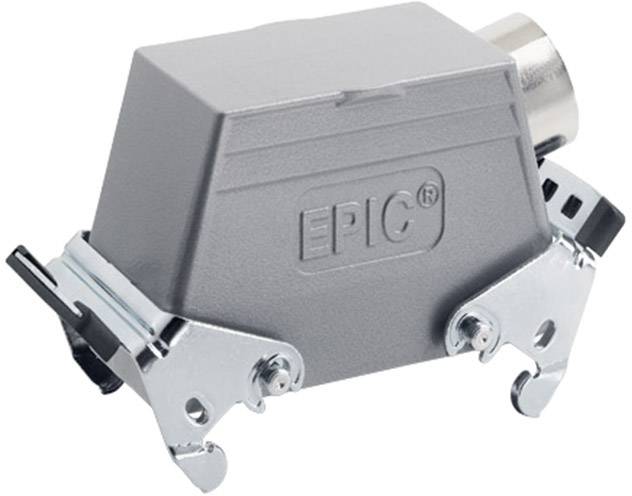 Industriële connectoren van EPIC, rechthoekig grijs behuizingsdeel met metalen klemmen aan de zijkanten, robuust ontwerp.