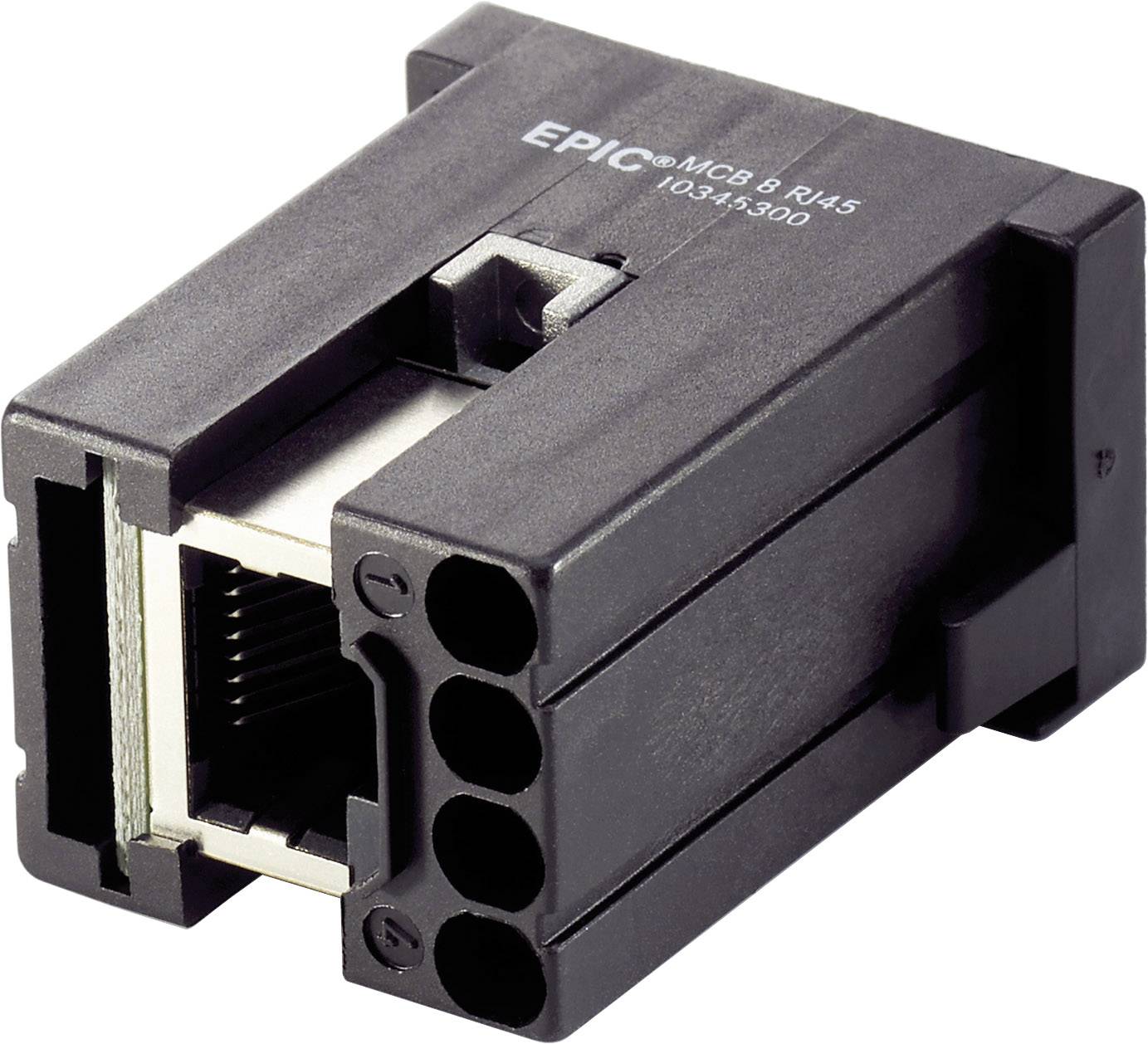 'EPIC MCCB 8 RJ45' aansluitstuk met zespolige bus, geschikt voor industriële toepassingen. Behuizing van zwart kunststof.