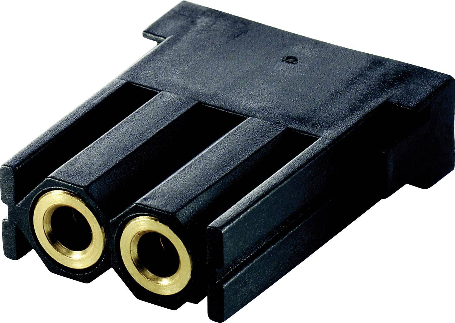 Zwarte adapter met twee aansluitingen en gouden contactpunten, gebruikt voor het aansluiten van elektronische apparaten.