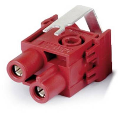 Rode elektrische connector met twee aansluitingen en een metalen clip bovenaan.