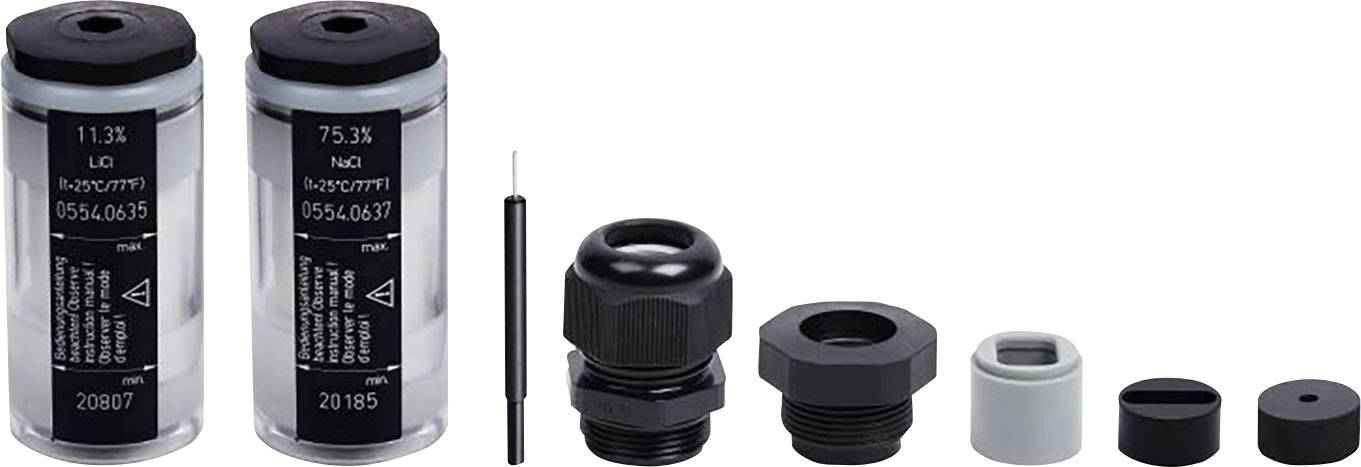 Twee cilindrische containers met etiketten, een zwarte sonde, installatietoebehoren. Gebruik: meting en installatie.
