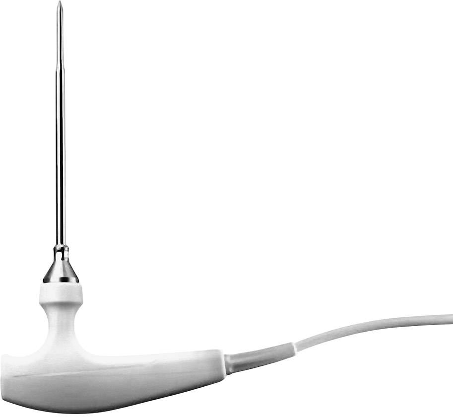 Een witte kabeltemperatuursensor met een lange, dunne metalen punt. Geschikt voor temperatuurmetingen in kookprocessen.