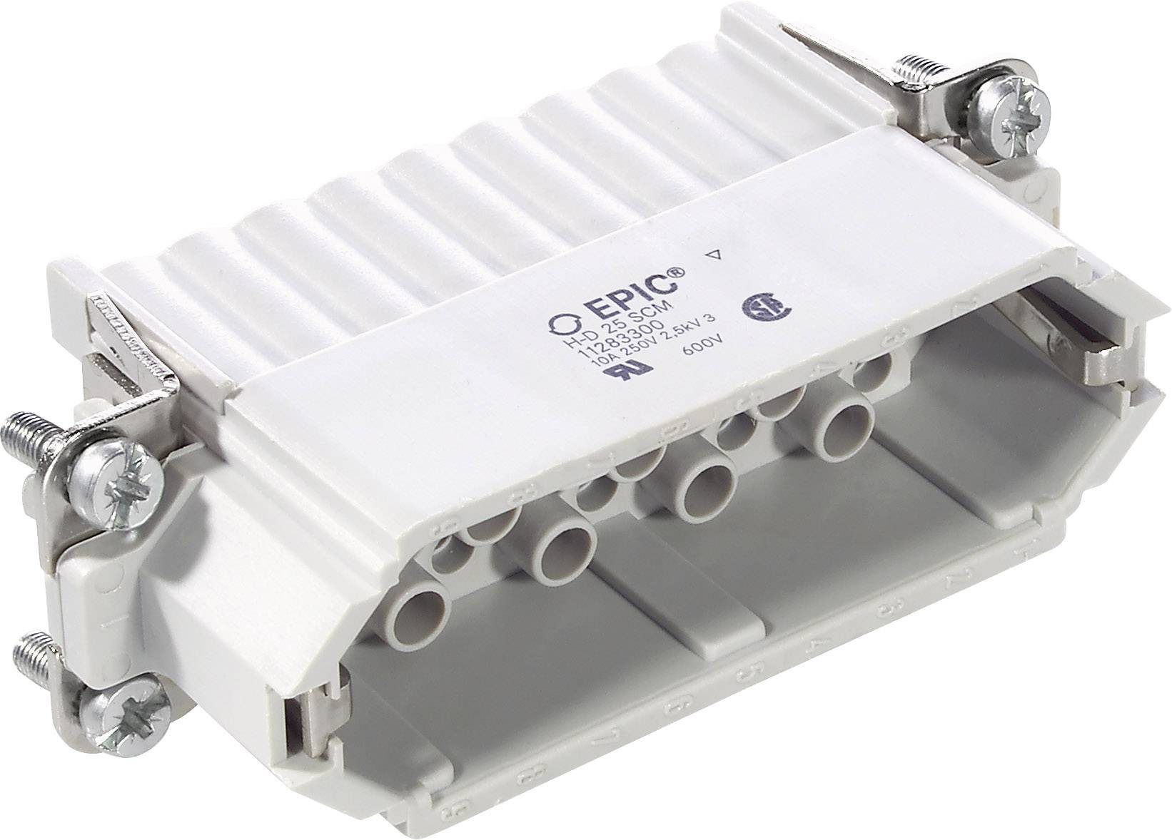 Een rechthoekige, witte elektrische connector met meerdere aansluitopeningen en schroefbevestigingen aan de zijkanten.
