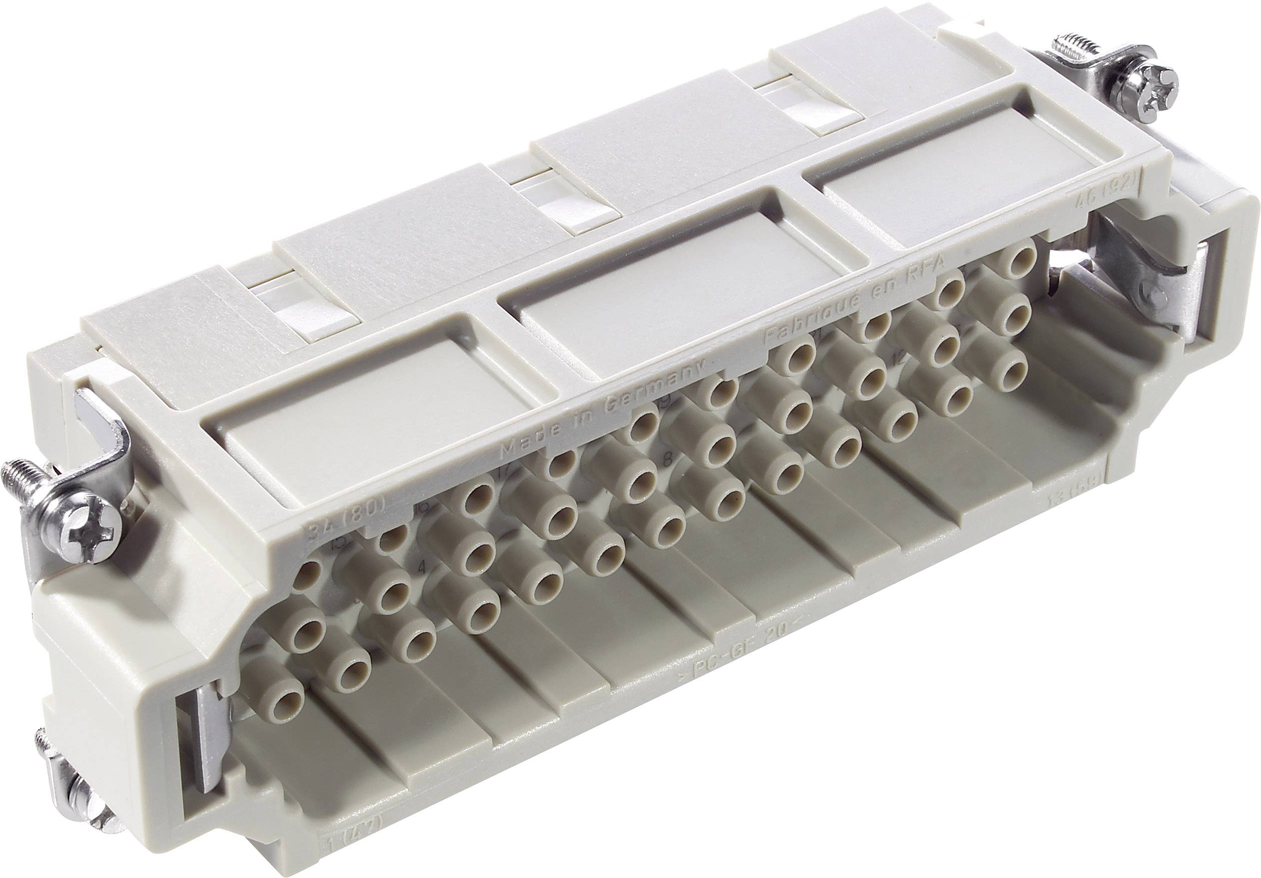 Een rechthoekige grijze stekker met meerdere aansluitbussen, geschikt voor industriële elektrische verbindingen.