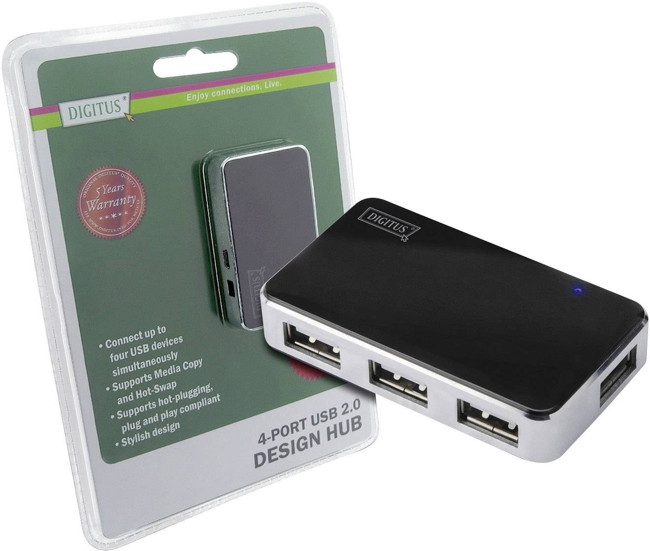 Een verpakking met een 4-poorts USB 2.0 Hub van Digitus. De hub heeft vier USB-aansluitingen en ondersteunt verschillende apparaten.