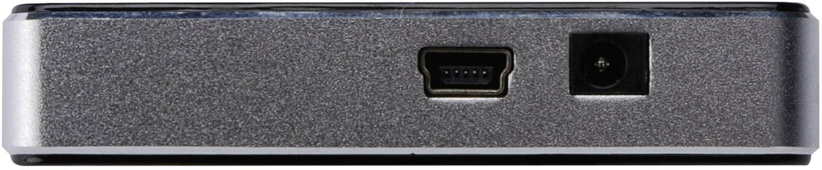 'Achterkant van een externe harde schijf met USB- en stroomaansluiting.'