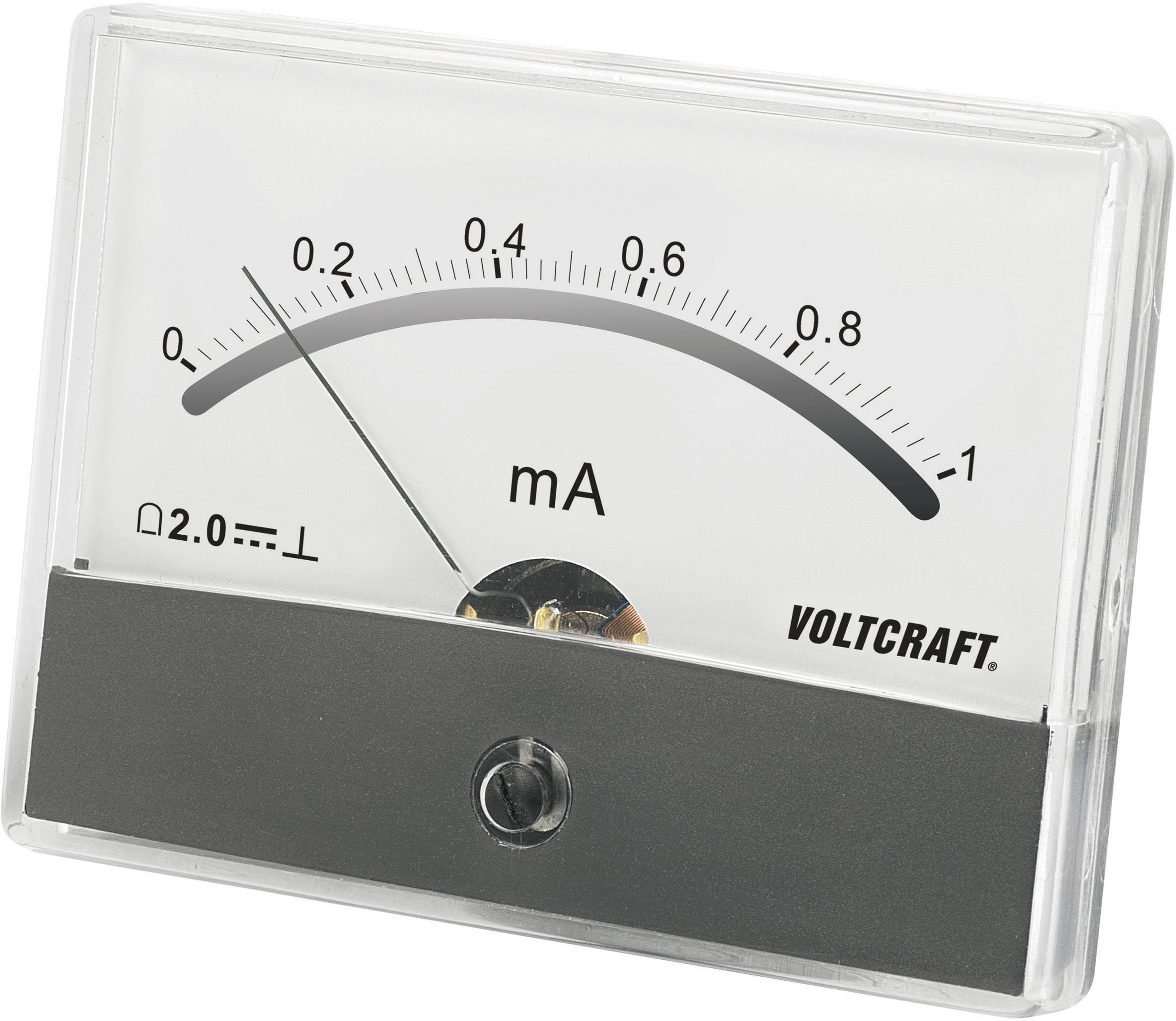 Analoog ampèremeter, toont stroomsterkte in milliampère (mA), naald bij 0,2 mA, markering voor weerstand (Ω), merknaam 'Voltcraft'.