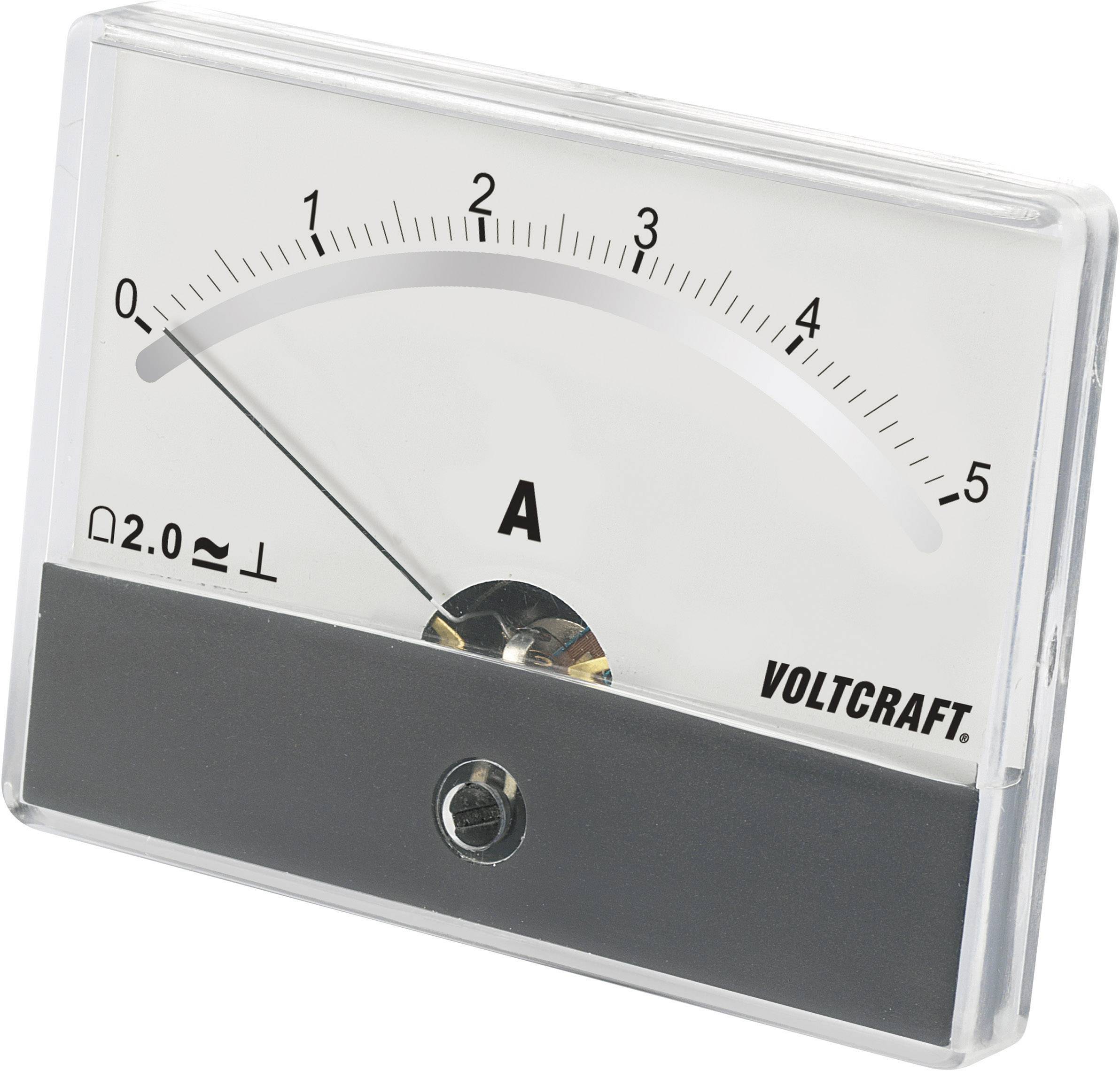 Analoog ampèremeter van Voltcraft toont een stroom van 2,0 ampère aan.