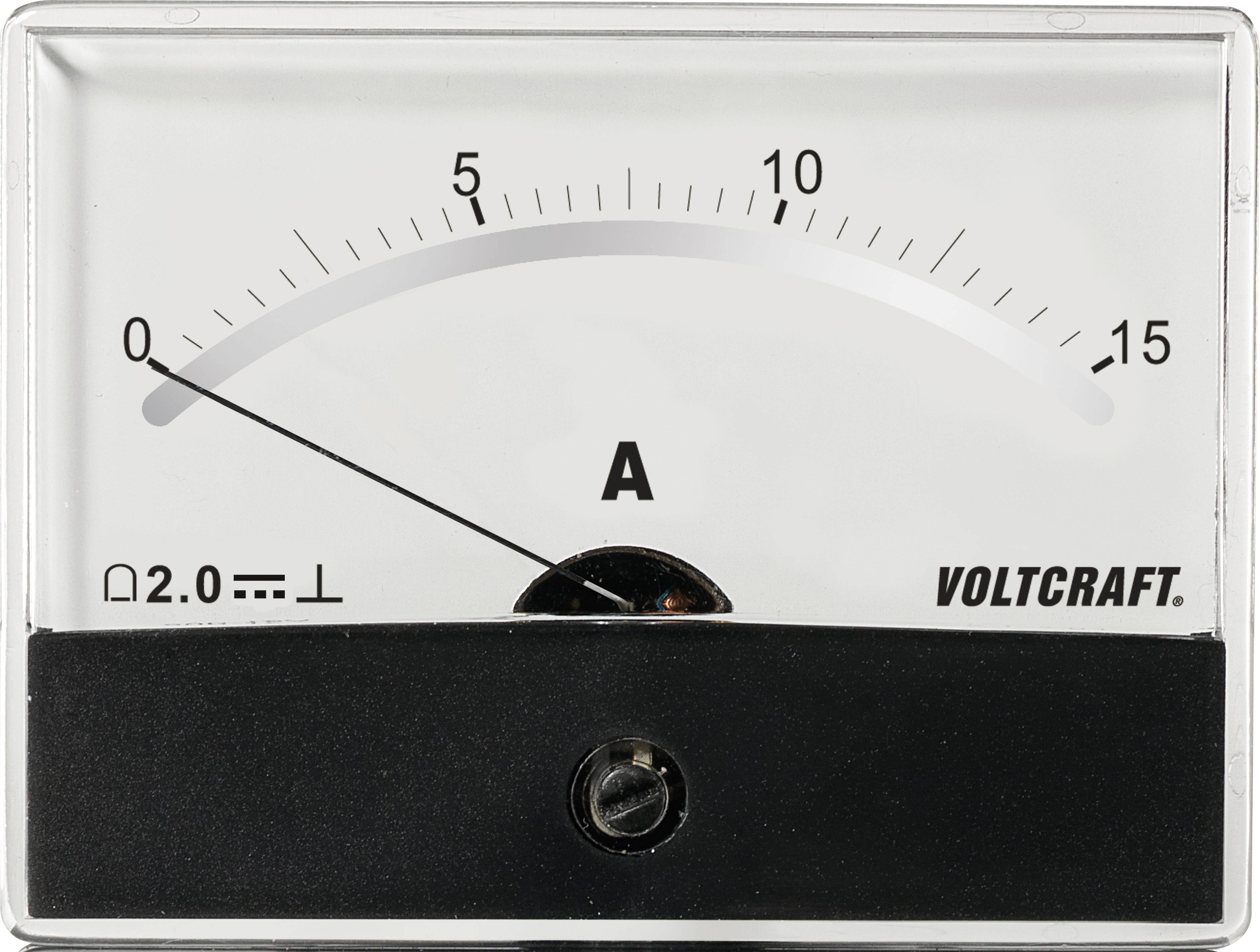 Analoog ampèremeter toont stroomsterkte van ca. 0,3 A. Schaal van 0 tot 15 ampère. Merk: VOLTCRAFT.